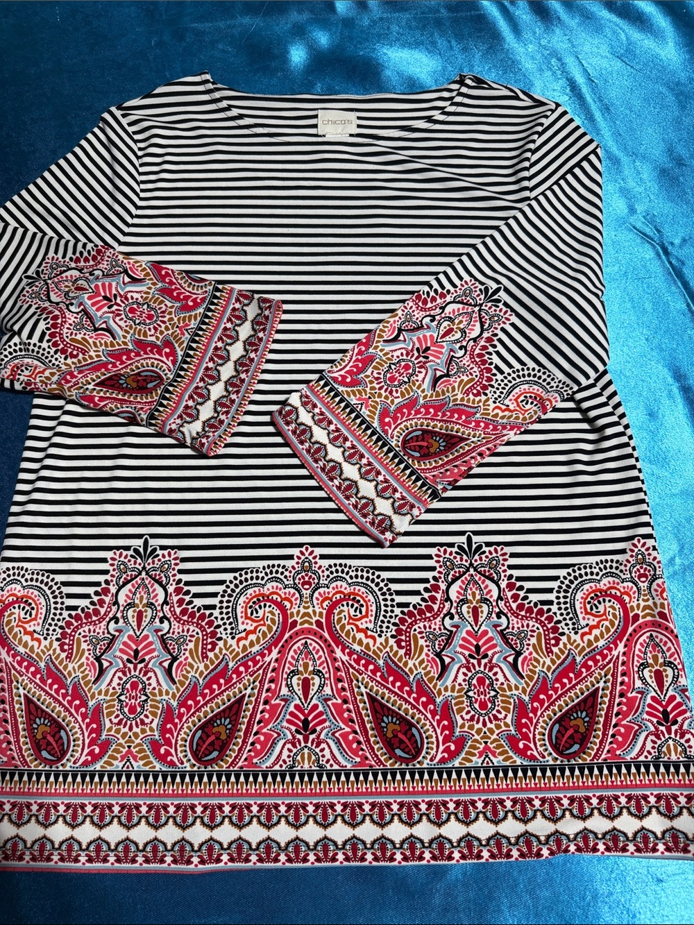 Chico's Black & White Striped Long Sleeve Top with Pink Paisley Border